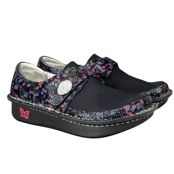 Alegria Clogs Shoes EU 37 US 7-7.5 Black Floral DENA Dream Fit Leather Neoprene - Picture 1 of 14